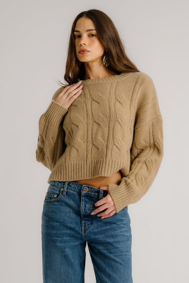 TRISTAN CASHMERE CREWNECK CABLE KNIT PULLOVER | CAMEL