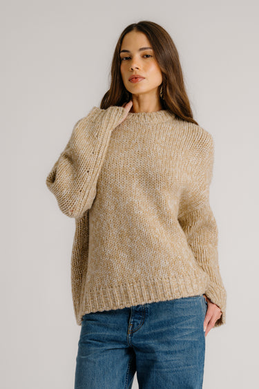 CYPRESS CASHMERE CREWNECK WITH RIB DETAIL | CAMEL MULTI