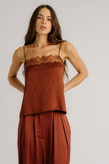 HAYA LACE TRIM SQUARE NECK SILK CAMI | MAHOGANY