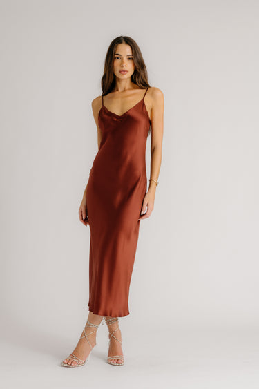 TAYLOR V-NECK BIAS CUT SILK DRESS | MAHOGANY