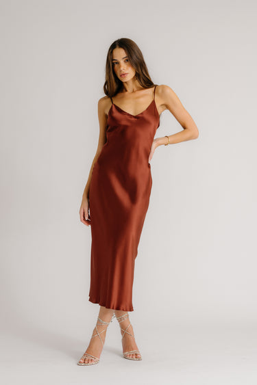 TAYLOR V-NECK BIAS CUT SILK DRESS | MAHOGANY