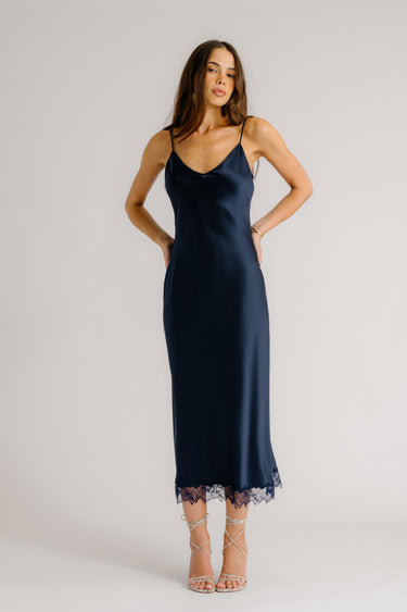 TAYLOR V-NECK BIAS CUT SILK DRESS W/ LACE | MIDNIGHT NAVY