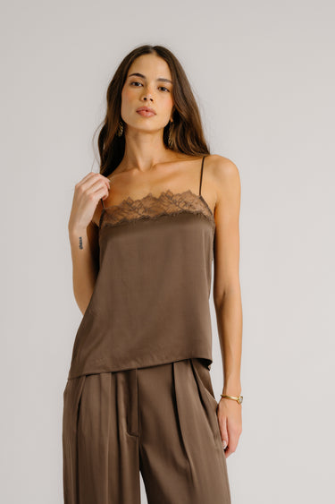 HAYA LACE TRIM SQUARE NECK SILK CAMI | SWISS BROWN