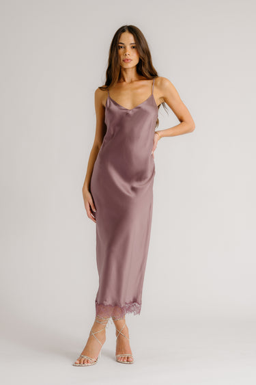 TAYLOR  V-NECK BIAS CUT SILK DRESS W/ LACE | DUSTY VIOLET