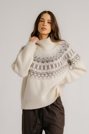 SCOTTIE SLOUCHY FAIR ISLE CASHMERE MOCK NECK  | GARDENIA FAIR ISLE