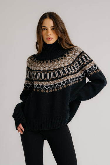 SCOTTIE SLOUCHY FAIR ISLE CASHMERE MOCK NECK  | BLACK FAIR ISLE