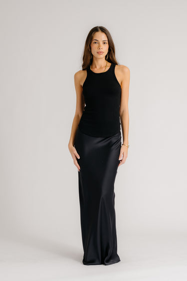 GRACE SCALLOP TRIM BIAS CUT MAXI SILK SKIRT | BLACK