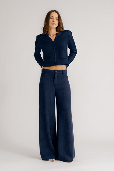 ADRIANNA PINSTRIPED EXAGGERATED WIDE LEG PANT | MIDNIGHT NAVY