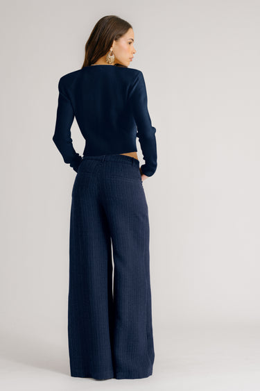 ADRIANNA PINSTRIPED EXAGGERATED WIDE LEG PANT | MIDNIGHT NAVY
