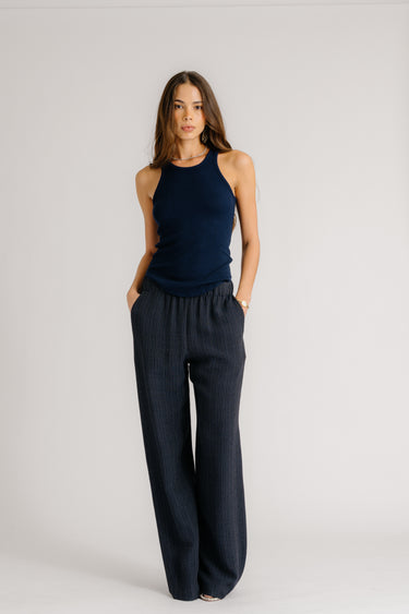 BRYNN PINSTRIPED HIGH RISE PULL ON WIDE LEG PANT | MIDNIGHT NAVY
