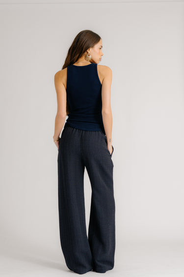 BRYNN PINSTRIPED HIGH RISE PULL ON WIDE LEG PANT | MIDNIGHT NAVY
