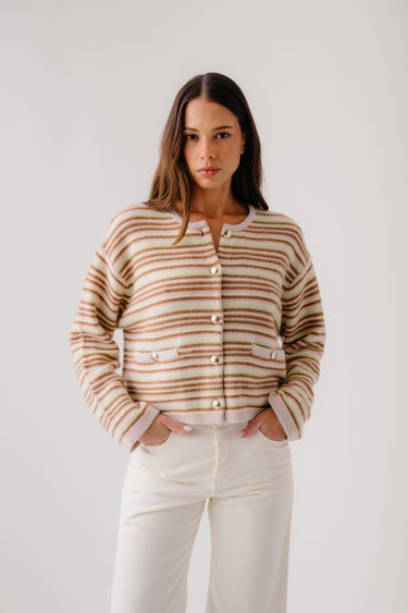 CHARLENE CASHMERE STRIPED CROPPED WELT POCKET JACKET | BUTTERCUP