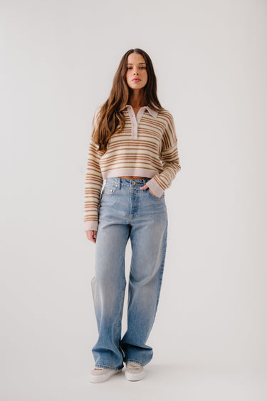 MADDIE LONG SLEEVE CASHMERE CROPPED STRIPE POLO | BUTTERCUP