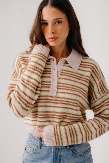 MADDIE LONG SLEEVE CASHMERE CROPPED STRIPE POLO | BUTTERCUP