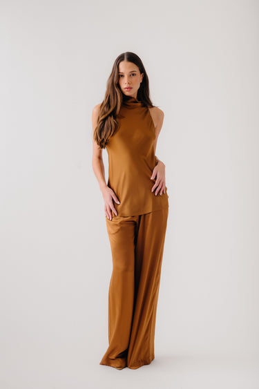 UNA SILK COWLED HALTER TUNIC | TOBACCO