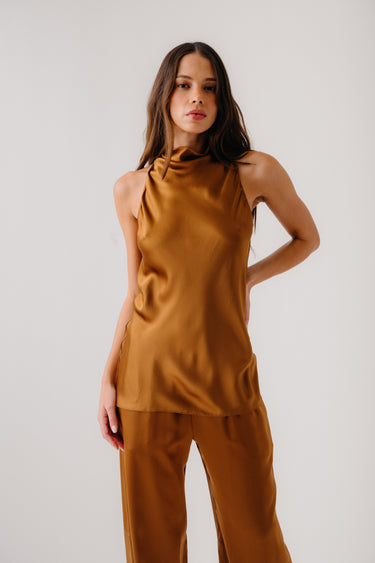 UNA SILK COWLED HALTER TUNIC | TOBACCO