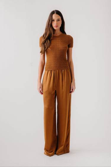LEXI LOWER RISE SILK RELAXED PULL ON PANT | TOBACCO