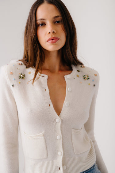 EMILIA SHOULDER PAD CASHMERE BEADED CARDIGAN | GARDENIA