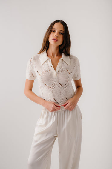 CADENCE SHRUNKEN CABLE CASHMERE POLO | GARDENIA