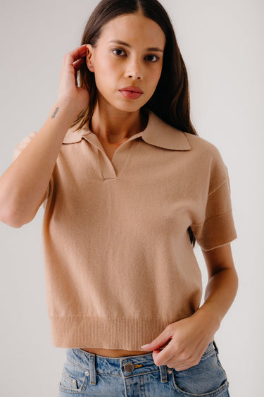 MIRABELLE RELAXED SHORT SLEEVE CASHMERE POLO | PINK SAND