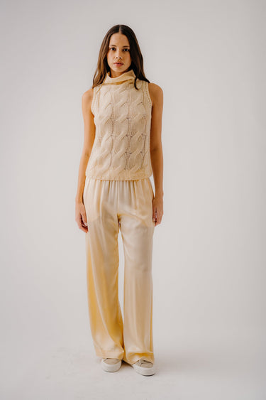 BRYNN HIGH RISE PULL ON WIDE LEG SILK PANT | BUTTERCREAM