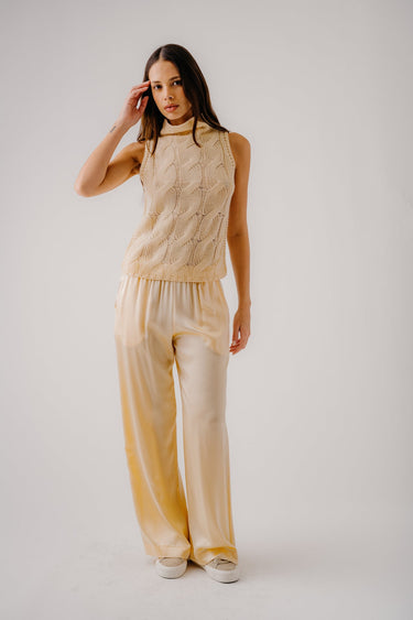 BRYNN HIGH RISE PULL ON WIDE LEG SILK PANT | BUTTERCREAM