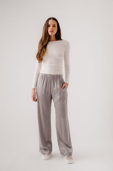 BRYNN  WIDE LEG SILK PANT | FOGGY