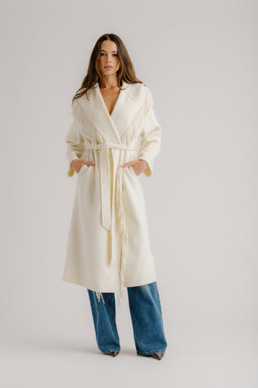 CHARLI HOODED COAT W/ FRINGE | GARDENIA