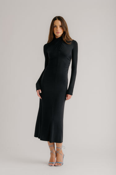 QUINN CROSSOVER MOCK NECK MIDI DRESS | BLACK