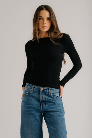QUINCY  L/S FITTED CREWNECK RIB TOP | BLACK