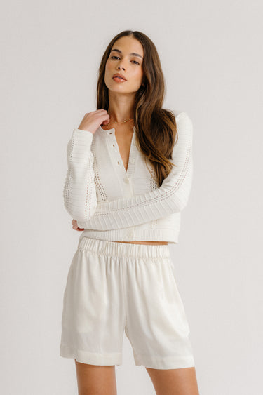 BRYNN HIGH RISE PULL ON SILK SHORT | GARDENIA