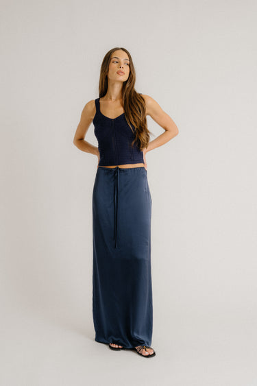 SOL DRAWSTRING SILK MAXI SKIRT | MIDNIGHT NAVY