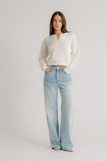 MAEVE SHRUNKEN HENLEY W/ CONTRAST TIPPING | GARDENIA/PINK SAND