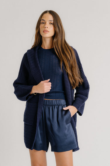 BRYNN HIGH RISE PULL ON SILK SHORT | MIDNIGHT NAVY