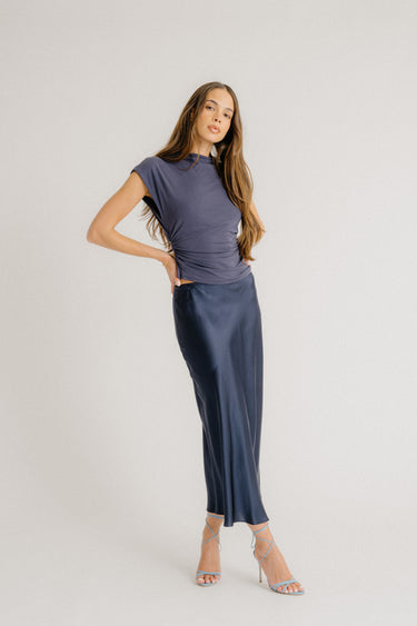 MIRANDA TRIM BIAS CUT PULL ON SILK  SKIRT | MIDNIGHT NAVY