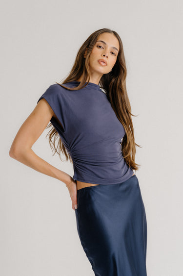 MENA ROUCHED SLIT NECK TANK | MIDNIGHT NAVY