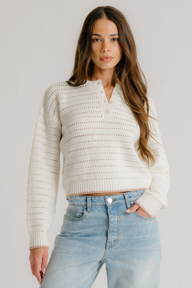 MAEVE SHRUNKEN HENLEY W/ CONTRAST TIPPING | GARDENIA/PINK SAND